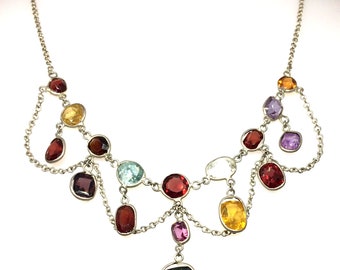 Antique Victorian Sterling Silver Multi Gemstone Harlequin Festoon Drop Necklace
