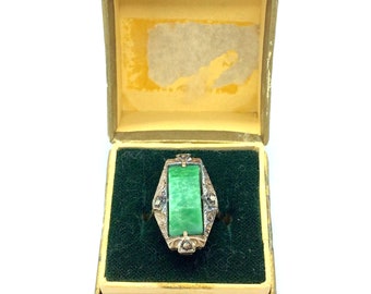 Antiker Art Deco 9 Karat Gelbgold auf Sterling Silber Grün Peking Glas & Markasiten Stein Ring Größe J