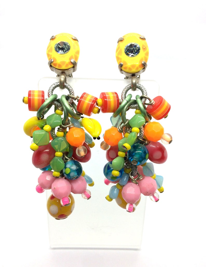 Vintage 1980/'s Costume Reminiscence Paris Glass Bead Clip On Dangle Earrings