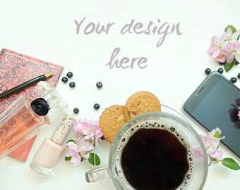 Download Coffee Styled Desktop Woman Accessory And Pink Spring Flowers Lifestyle Stock Photo Blogging Image Mockup Styled Digital Product Background Best Free Psd Mockups
