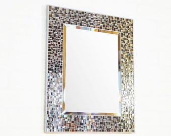 Mosaic mirror silver bronze, Colored vanity mirror,  Made to order
