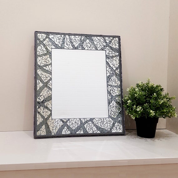 Rectangle Mirror Wall Hanging 16 X 14 Mosaic Art Framed Handmade Silver Black In Stock