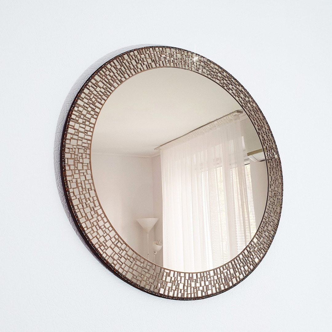 Bronze Mosaic Mirror Wall, Large Round Mirror Wall Decor, Mantel Mirror ...