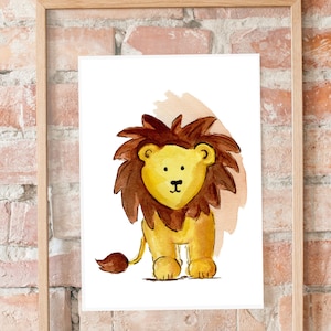 Imagen de la habitación de los niños Dibujo en acuarela "León", póster de la habitación infantil juguetona, mural | Din A4