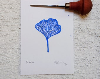 print linocut "Ginko" blue, wall art