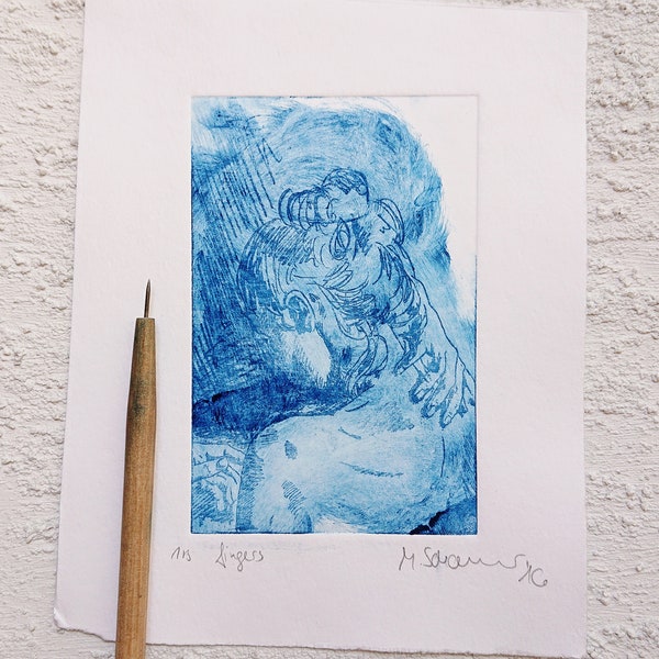 Kunstdruck Ätzradierung "fingers" blau Radierung, Wanddekoration