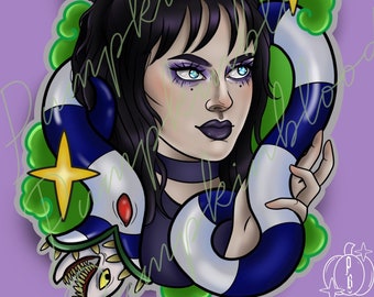 Lydia Deetz Beetlejuice Sandworm Kawaii A4 Art Print - tattoo portrait neotraditional cute pastel goth nerdy pop culture
