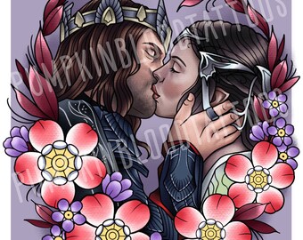 Fantasy Couple Art Print - Wedding, geek, nerd, elf, flowers, couple, valentines, anniversary, kiss, flowers