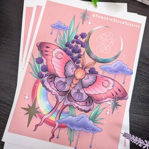 Metallic Moth Kawaii A4 Art Print - pastel rainbow cloud rain crystal witchy butterfly pumpkin goth