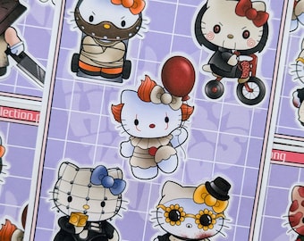 Hoja de calcomanías de Horror Kitty: Hola, gato, Halloween, aterrador, lindo, kawaii, estilo tatuaje, ideas para regalos, decoraciones, calcomanía para computadora portátil, nerd, geek