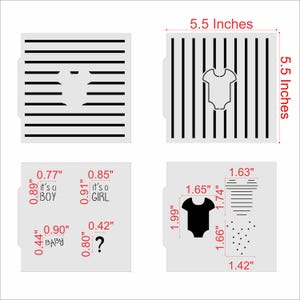 May include: Four white plastic stencils with black designs. The stencils include a baby onesie, the text "it's a BOY", "it's a GIRL", "BABY", and a question mark. The stencils are 14 cm square.