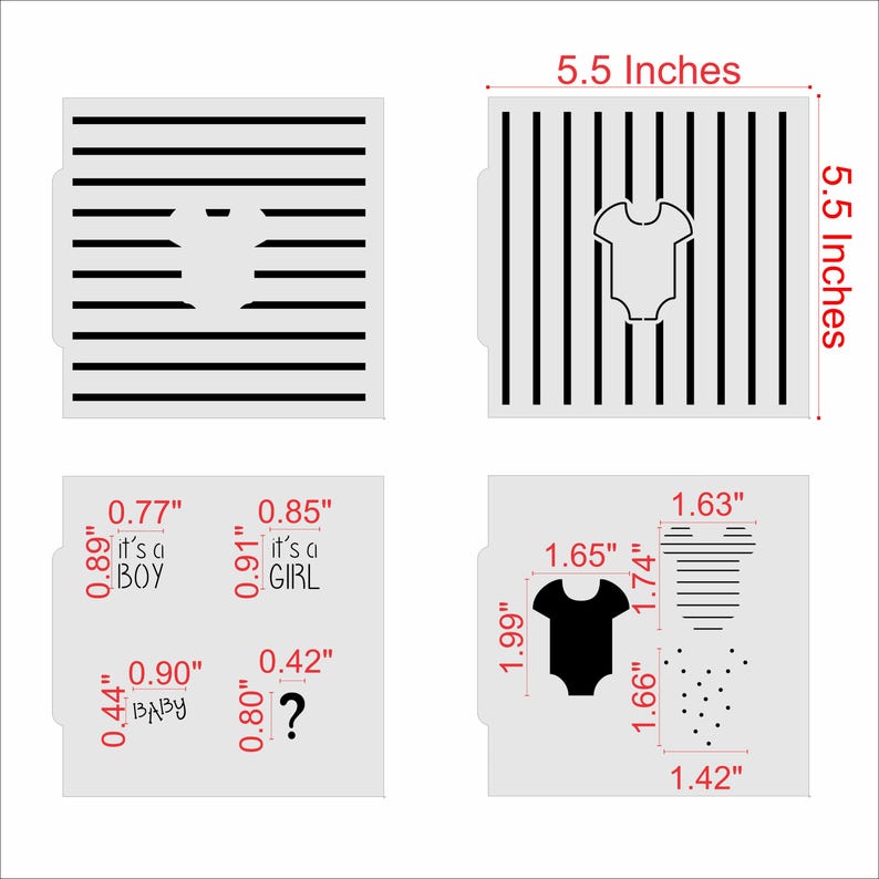 May include: Four white plastic stencils with black designs. The stencils include a baby onesie, the text "it's a BOY", "it's a GIRL", "BABY", and a question mark. The stencils are 14 cm square.