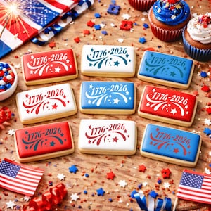 May include: A collection of rectangular cookies decorated with red, white, and blue icing, featuring the text "1776-2026" and starburst designs. The cookies are arranged on a wooden surface with cupcakes, American flags, and festive decorations.