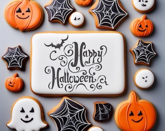 Estêncil de biscoito com letras de feliz Halloween | Estênceis de biscoitos de Halloween | Estênceis de biscoitos para letras |  Estênceis de designer