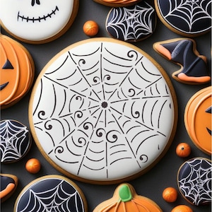 May include: A collection of Halloween-themed cookies. The cookies feature designs such as a spider web, jack-o'-lanterns, bats, and a smiling skull. The cookies are decorated with orange, black, and white icing.