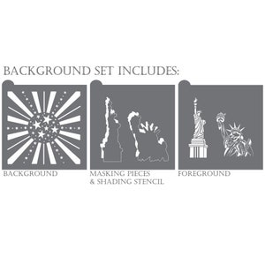 Puede incluir: Un conjunto de plantillas para manualidades, con un dise&ntilde;o de fondo con estrellas y rayos, junto con plantillas de la Estatua de la Libertad. El texto "BACKGROUND SET INCLUDES:" est&aacute; en la parte superior, con etiquetas para cada tipo de plantilla.
