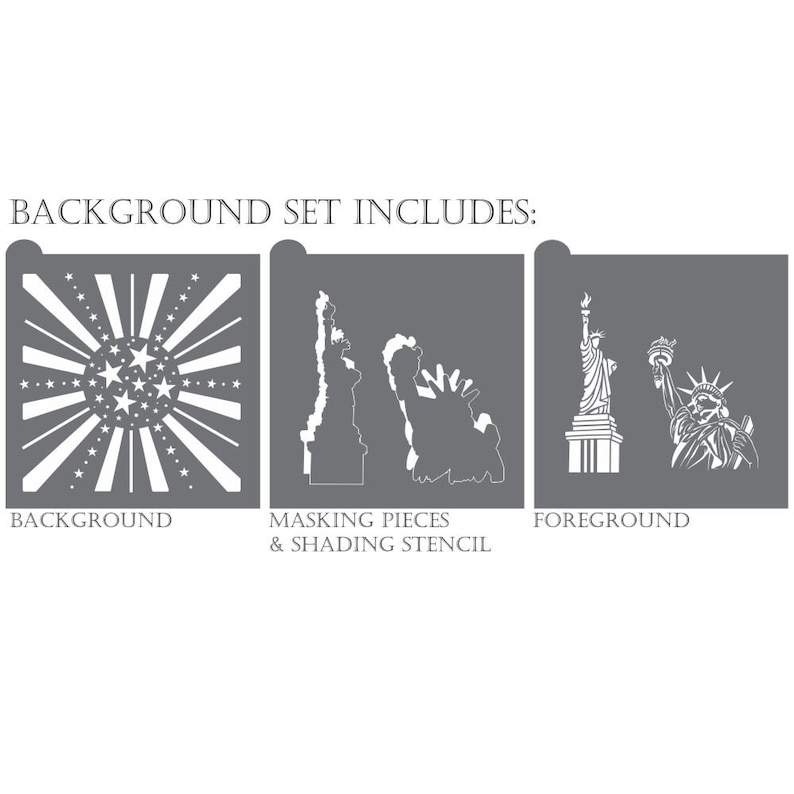 Puede incluir: Un conjunto de plantillas para manualidades, con un dise&ntilde;o de fondo con estrellas y rayos, junto con plantillas de la Estatua de la Libertad. El texto "BACKGROUND SET INCLUDES:" est&aacute; en la parte superior, con etiquetas para cada tipo de plantilla.