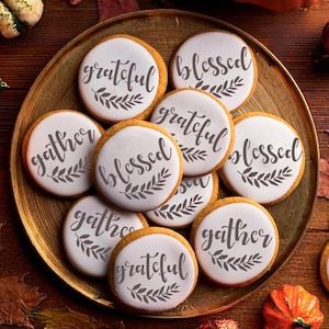 Grateful Blessed Gather Round Cookie Stencil Set by Designer Stencils | Thanksgiving Stencil | Fall Arts & Crafts | Confection Couture |