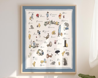 Winnie the Pooh ABC Poster, Alphabet Wall Decor, Original Hundred Acre Wood, Classic Winnie the Pooh Wall Art, Ernest Shepard Illustrations