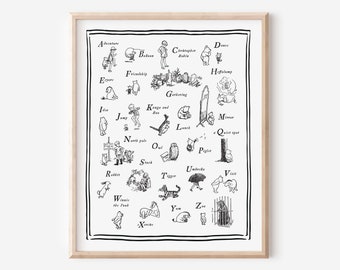 Black and White Winnie the Pooh ABC Poster, Alphabet Wall Decor, Classic Winnie the Pooh Wall Art, Ernest Shepard Illustrations