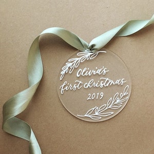 Baby's First Christmas Ornament, Clear Personalized Ornament, Custom Christmas Gift, Baby Gift, Calligraphy Ornament, Baby Milestone image 1
