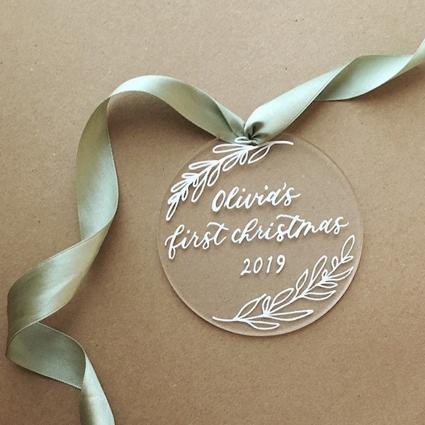 Baby's First Christmas Ornament, Clear Personalized Ornament, Custom Christmas Gift, Baby Gift, Calligraphy Ornament, Baby Milestone