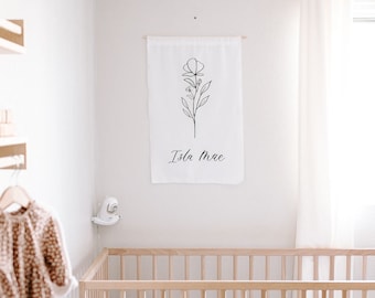 Nursery Sign for Girl, Floral Accent Wall Flag, Nursery Name Sign, Nursery Decor for Girl, Calligraphy Banner with Floral Design, Minimalist