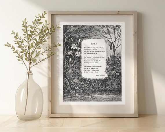 Vintage Poetry Art, Hope is the thing with feathers, Emily Dickinson Poem, American Poetry, Vintage Style Poem Art, Poetry Wall Art