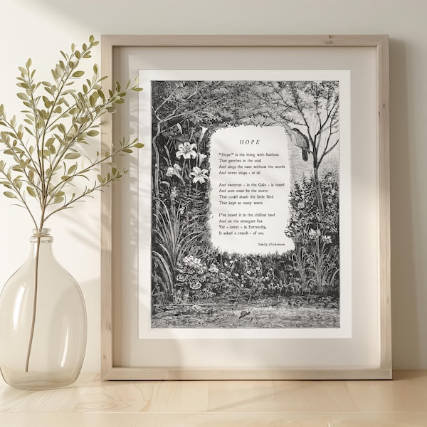 Vintage Poetry Art, Hope is the thing with feathers, Emily Dickinson Poem, American Poetry, Vintage Style Poem Art, Poetry Wall Art