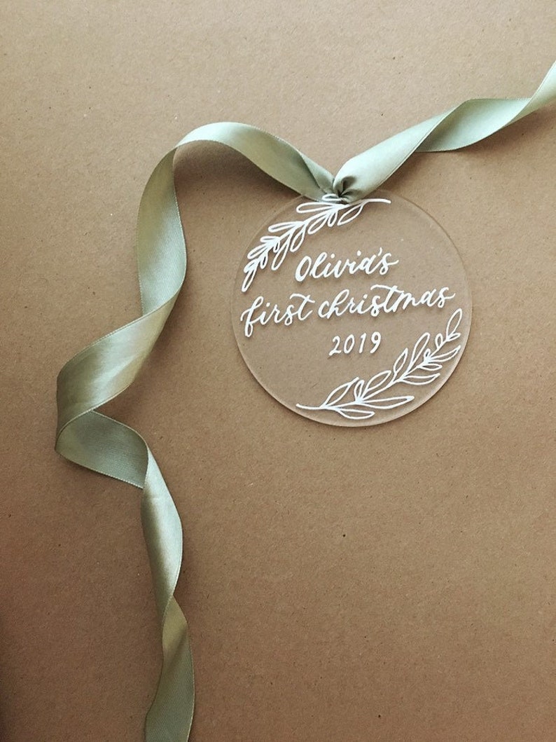 Baby's First Christmas Ornament, Clear Personalized Ornament, Custom Christmas Gift, Baby Gift, Calligraphy Ornament, Baby Milestone image 1