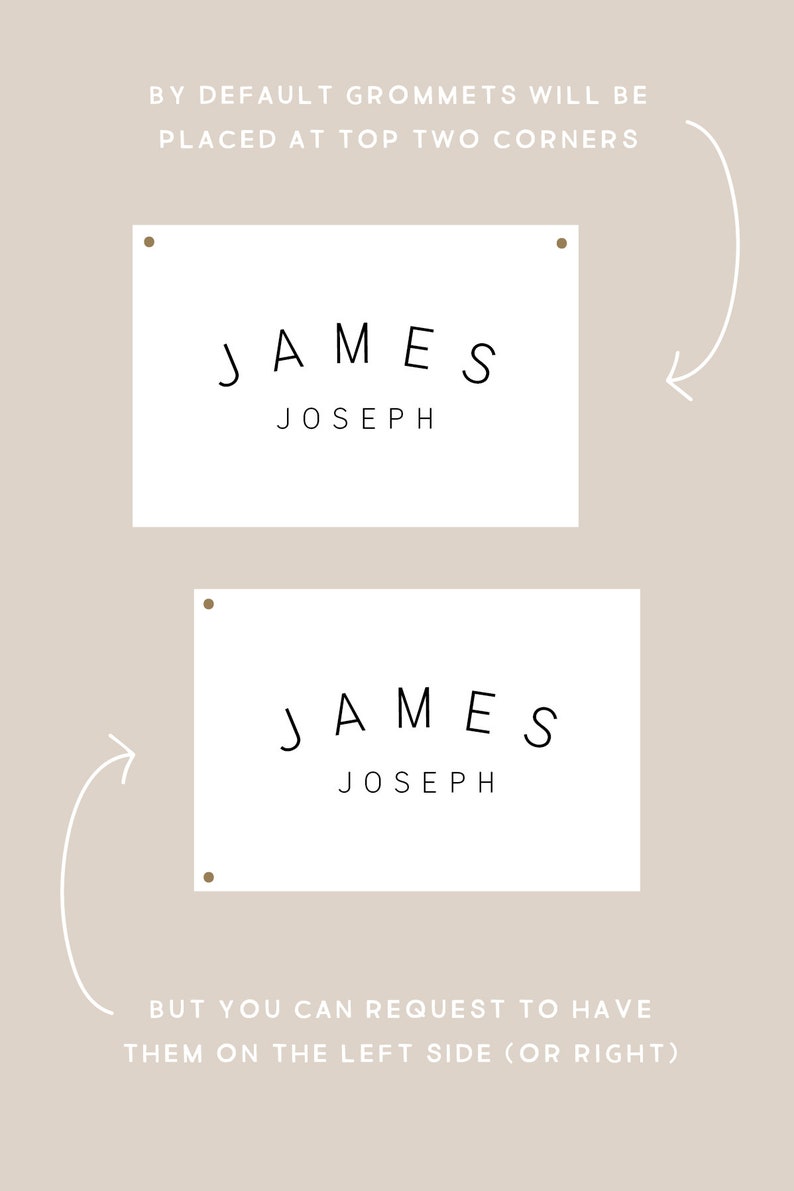 May include: Two white rectangular signs with the text "JAMES JOSEPH" printed in black. The top sign shows grommets in the top two corners, while the bottom sign shows grommets on the left and right sides. Text below the signs reads "BY DEFAULT GROMMETS WILL BE PLACED AT TOP TWO CORNERS" and "BUT YOU CAN REQUEST TO HAVE THEM ON THE LEFT SIDE (OR RIGHT)".