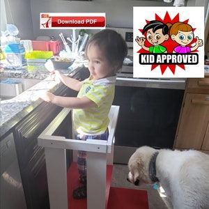 May include: White wooden step stool with two red steps. A young child is standing on the top step, and a white dog is standing on the bottom step. The stool is labeled "Kid Approved".