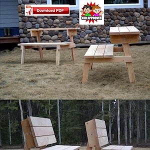Könnte beinhalten: Ein hölzerner Picknicktisch mit zwei Bänken, eine auf jeder Seite. Der Tisch hat ein kleines Regal auf jeder Seite. Der Tisch ist aus unbehandeltem Holz und steht in einem Garten. Der Tisch ist mit "Kinderfreundlich" gekennzeichnet.