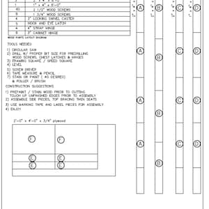 May include: A black and white diagram showing the materials and construction steps for building a folding table base. The diagram includes a list of materials, tools needed, construction suggestions, and a wood parts layout diagram. The diagram includes measurements in inches.