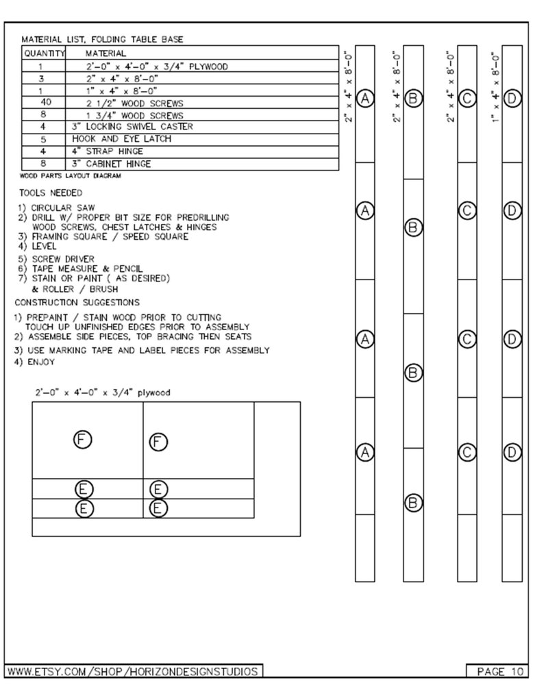 May include: A black and white diagram showing the materials and construction steps for building a folding table base. The diagram includes a list of materials, tools needed, construction suggestions, and a wood parts layout diagram. The diagram includes measurements in inches.