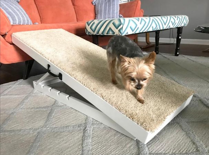 Op de afbeelding: Witte huisdierhelling met een beige tapijt oppervlak. Een kleine hond loopt de helling op.
