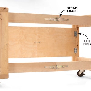 May include: A wooden workbench with two shelves and wheels. The top shelf has a strap hinge and the bottom shelf has a butt hinge. The workbench is made of unfinished wood.