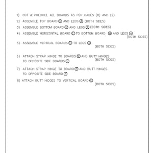 May include: A black and white assembly guide for a folding table. The guide includes eight steps with illustrations and text describing how to assemble the table. The text includes the words "Cut & Predrill", "Assemble", "Attach", "Butt Hinges", "Strap Hinge", "Both Sides", and "Opposite Side Boards".