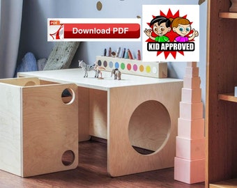 May include: A wooden play table with a built-in storage bin and a cut-out hole. The table has a colorful set of crayons and a stack of wooden blocks. The table is labeled "Download PDF" and "Kid Approved".