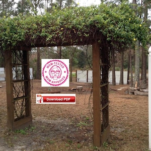 May include: A wooden arbor covered in green foliage and yellow flowers. The arbor has a rectangular frame with a lattice design on the sides. The image includes a "MOM-TESTED MOM-APPROVED" seal and a "Download PDF" button.