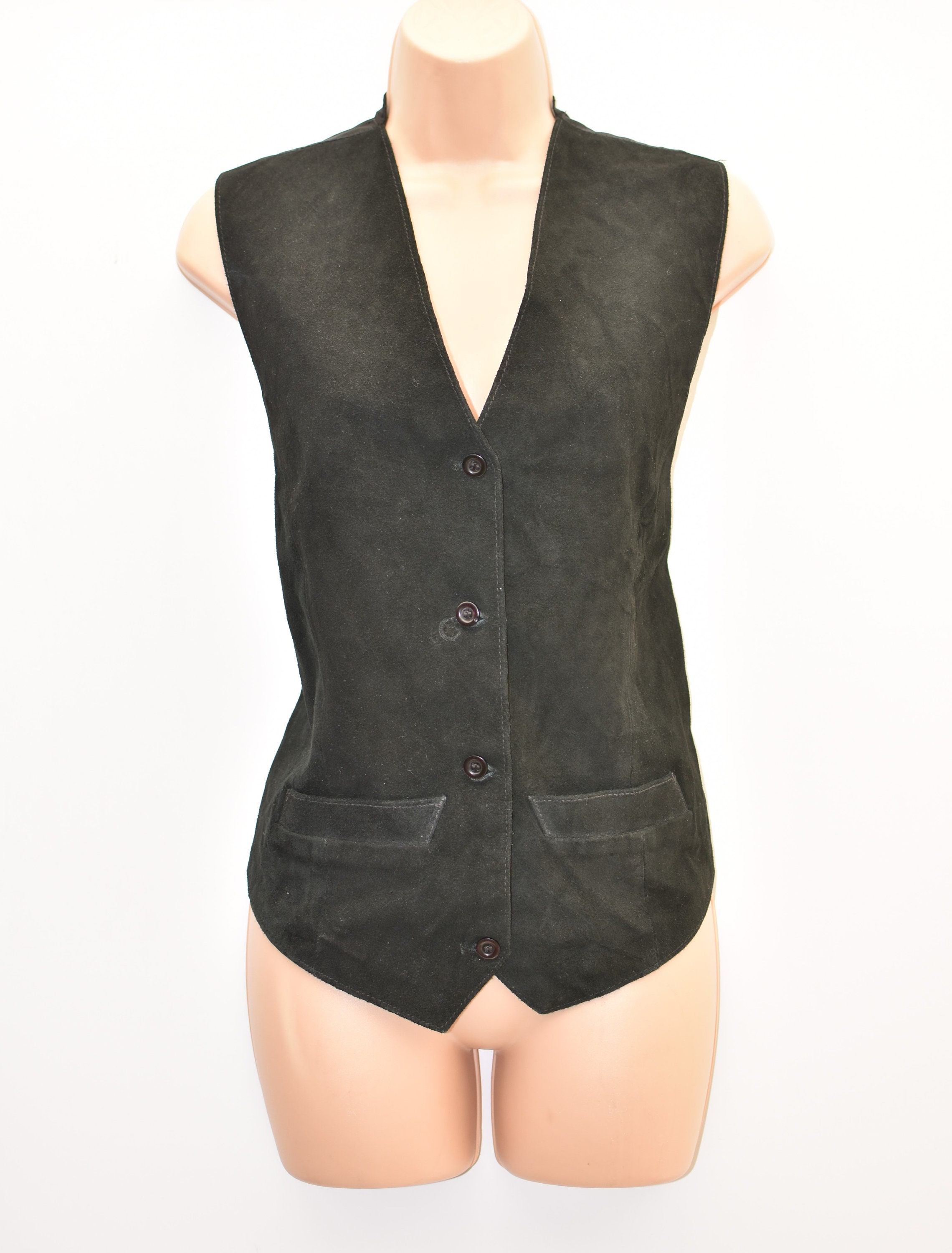Image of Vintage Black Real Leather Biker Western Button Women's Vest Waistcoat Size L