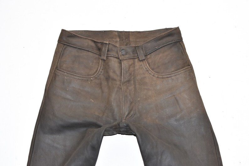 Vintage Men's Real Leather Motorcycle Biker Brown Trousers Pants Size W30 L33 image 2