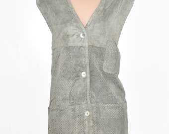 GIORGIO MOBIANI Women's Real Leather 70s Retro Grey Vest Waistcoat Size UK16