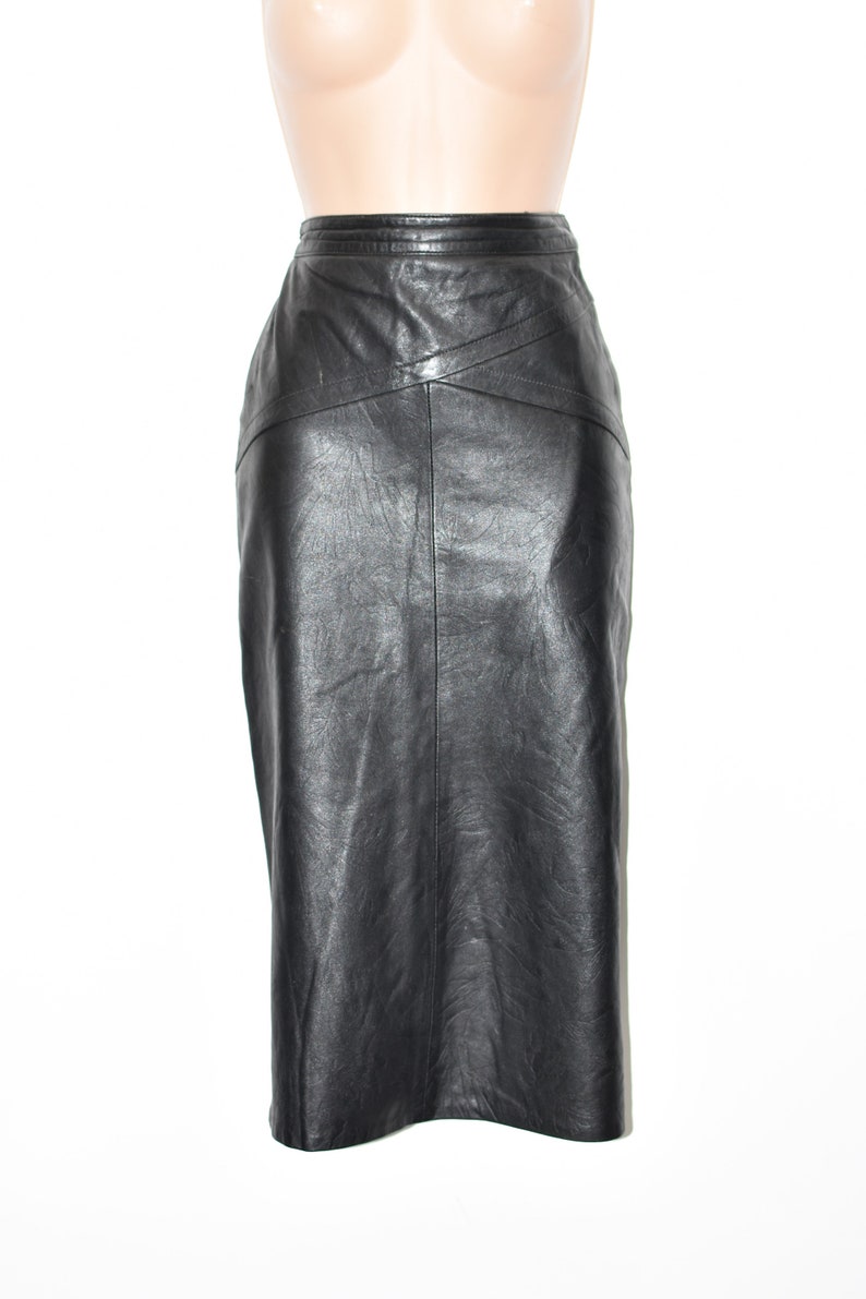Vintage Black Real Leather PICCOLO Straight Pencil Midi Length Skirt Size UK6 W25