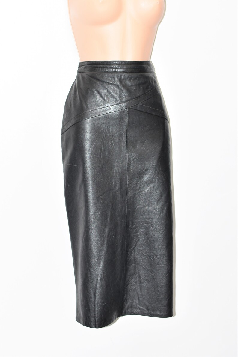 Vintage Black Real Leather PICCOLO Straight Pencil Midi Length Skirt Size UK6 W25