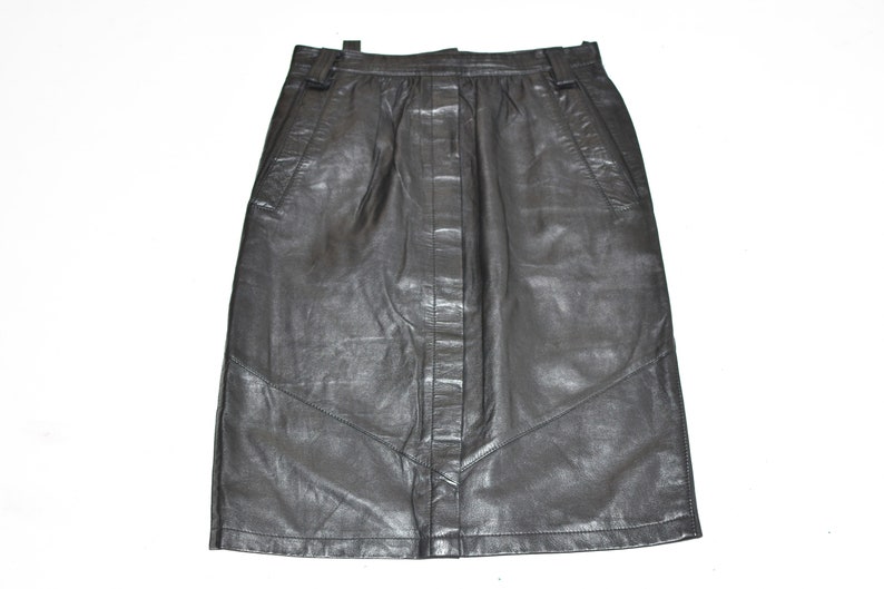 Vintage Black Real Leather BARDEHLE Straight Pencil Knee Length Skirt Size UK8 W27 image 3