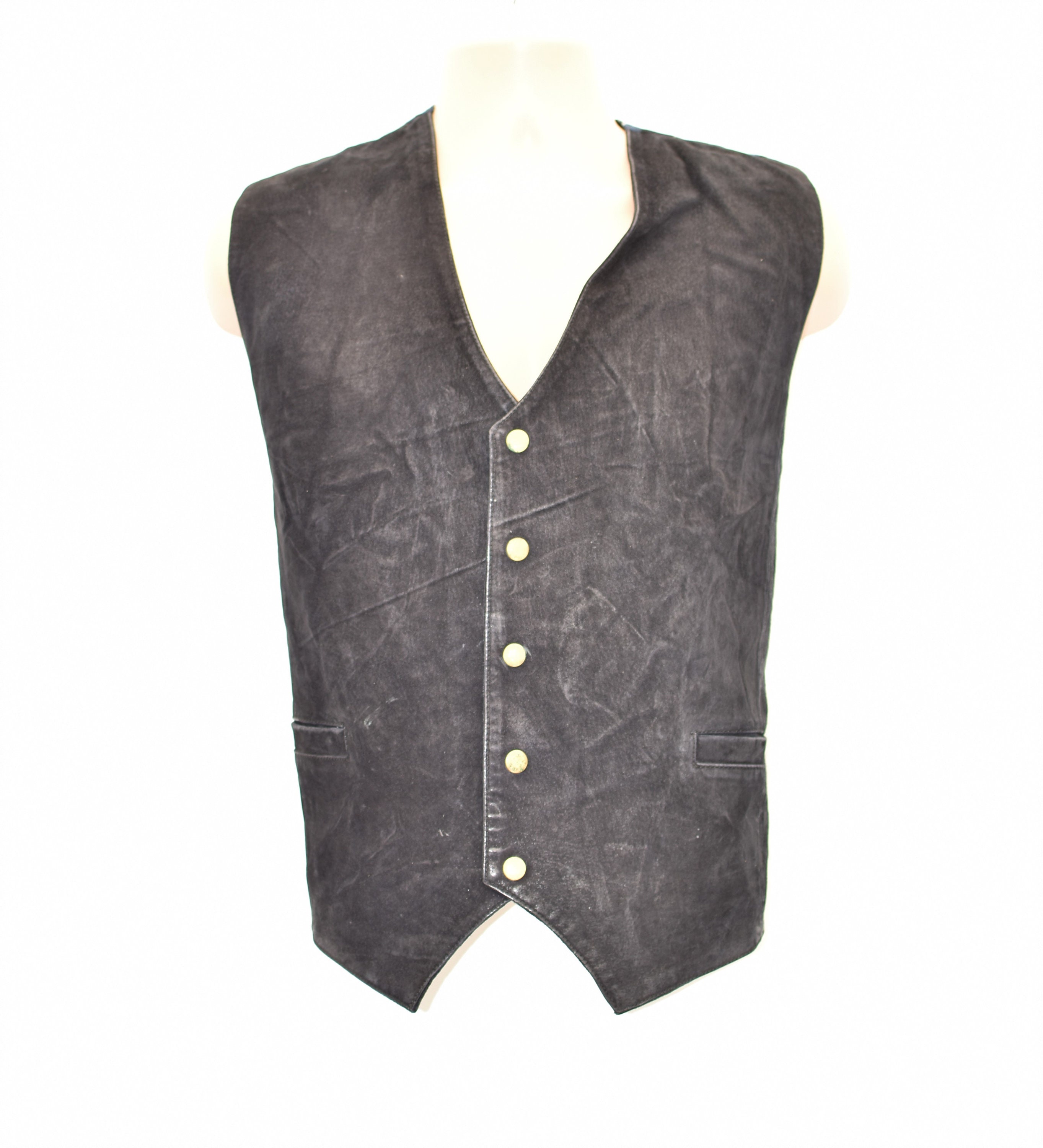 Image of Vintage Black Real Leather B.b Dakota Cowboy Western Biker Vest Men's Waistcoat Size Xl