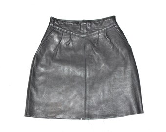 Vintage Women's Real Leather Straight Pencil Short Mini Length Black Skirt Size UK4 W24"