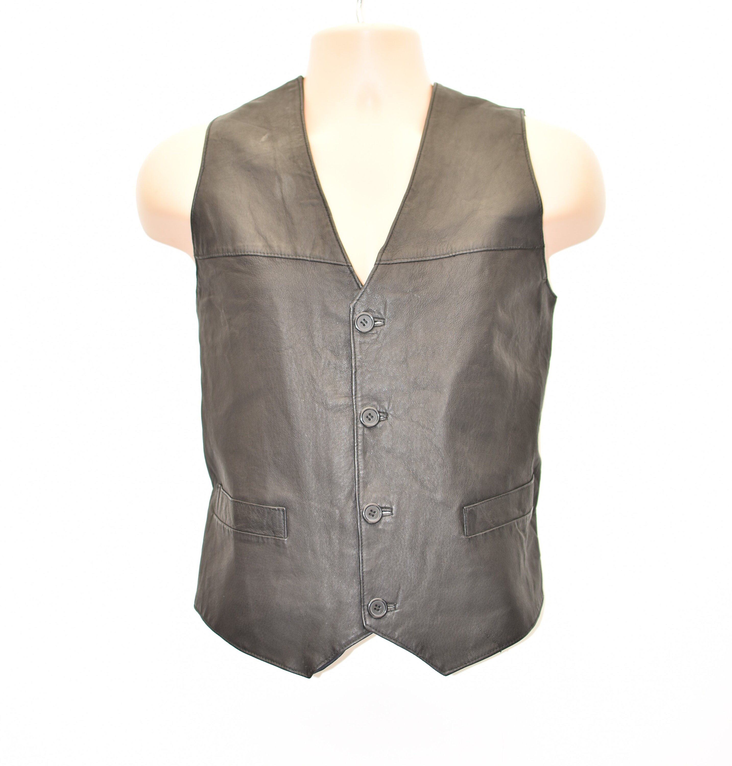Image of Vintage Black Real Leather Cowboy Western Motorcycle Biker Vest Men's Waistcoat Size M