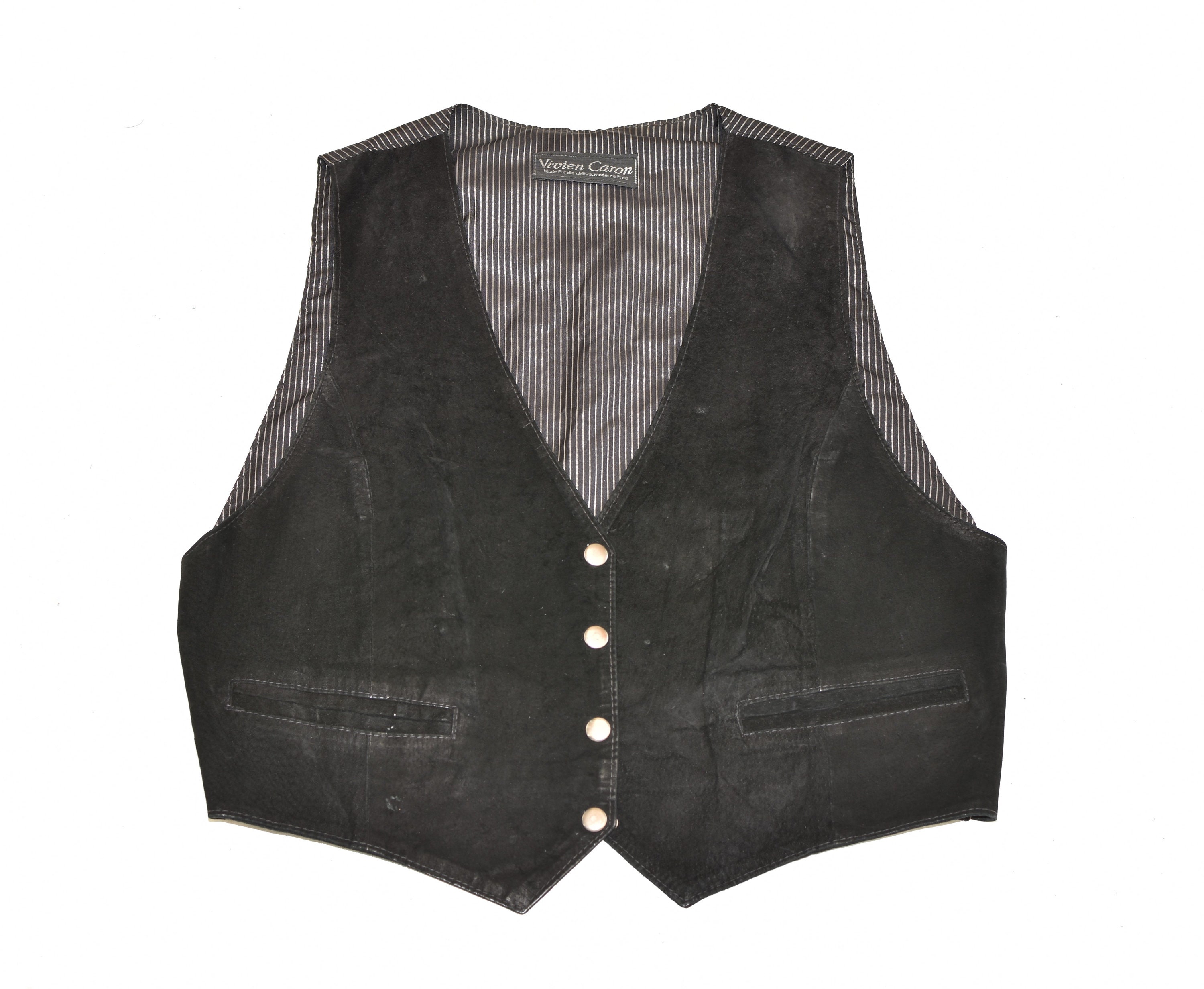 Image of Vintage Black Leather Vivien Caron Cowboy Western Biker Vest Women's Waistcoat Size L